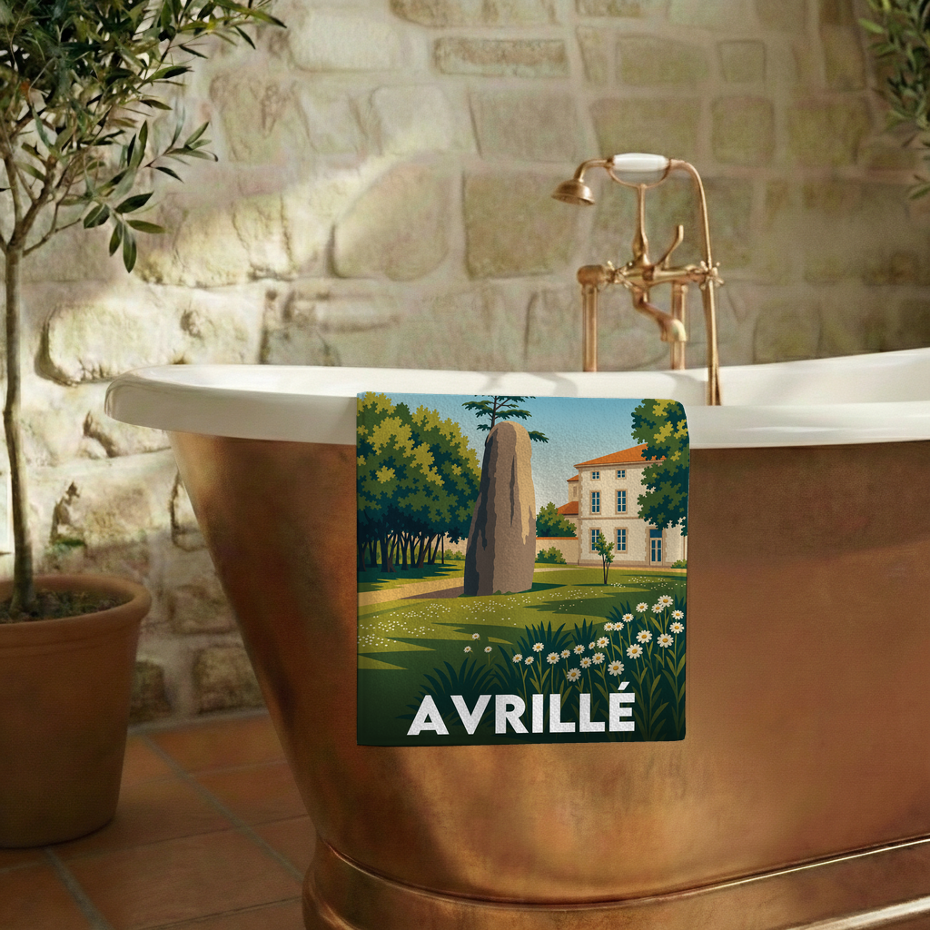 Serviette de bain souvenir de la ville d'Avrillé avec une illustration stylisée.