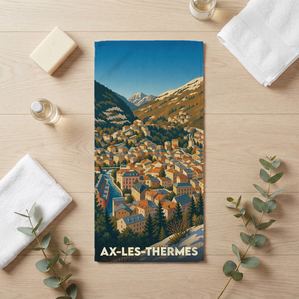 Serviette de bain souvenir de la ville de Ax-les-Thermes avec une illustration stylisée de ses paysages montagneux.