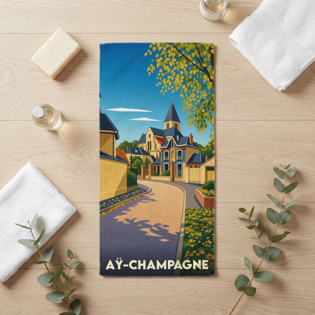 Serviette de bain souvenir de la ville d'Aÿ-Champagne avec une illustration stylisée.