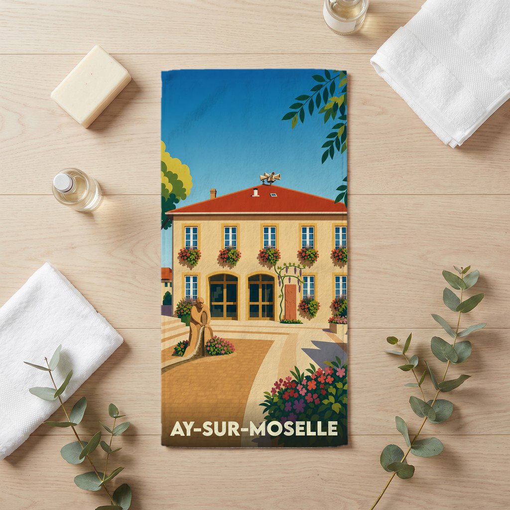 Serviette de bain souvenir de la ville d'Ay-sur-Moselle avec une illustration colorée et stylisée de la mairie.