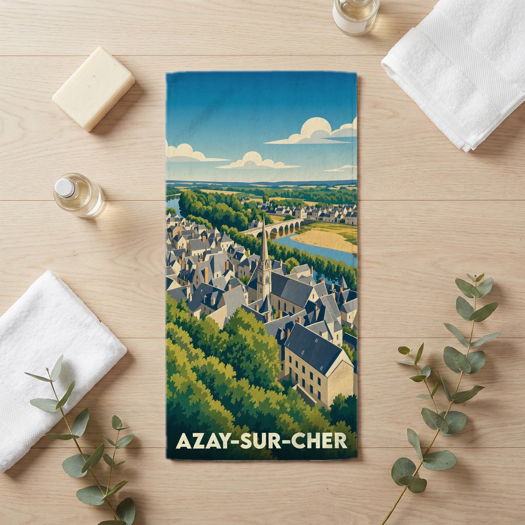 Serviette de bain souvenir de la ville d'Azay-sur-Cher avec une illustration panoramique stylisée.