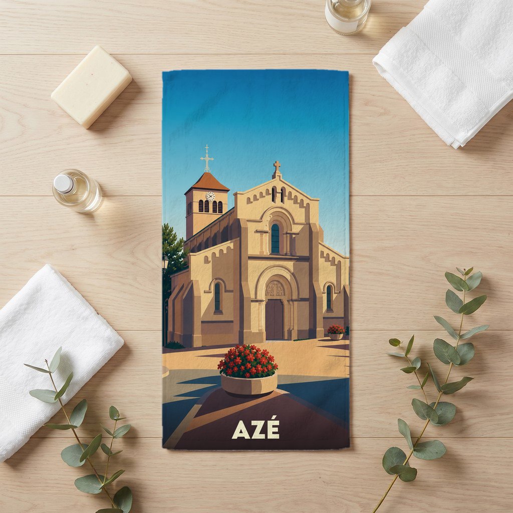 Serviette de bain souvenir de la ville d'Azé illustrée d'une église de style roman sous un ciel bleu.