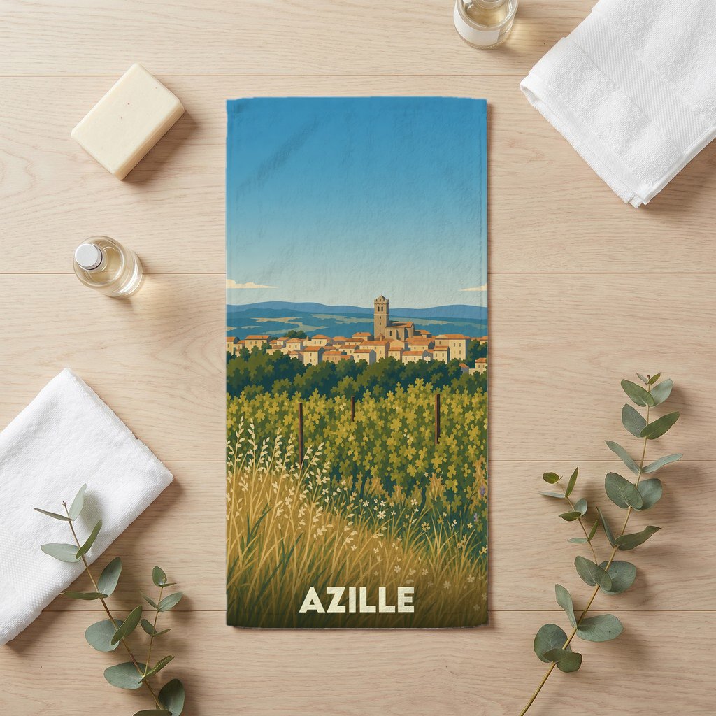 Serviette de bain souvenir de la ville d'Azille avec une illustration stylisée de son paysage.