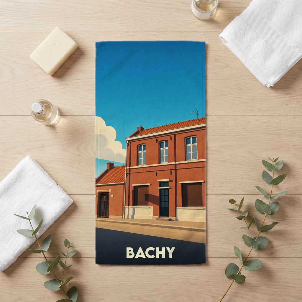 Serviette de bain souvenir de la ville de Bachy avec une illustration stylisée d'une maison en briques.