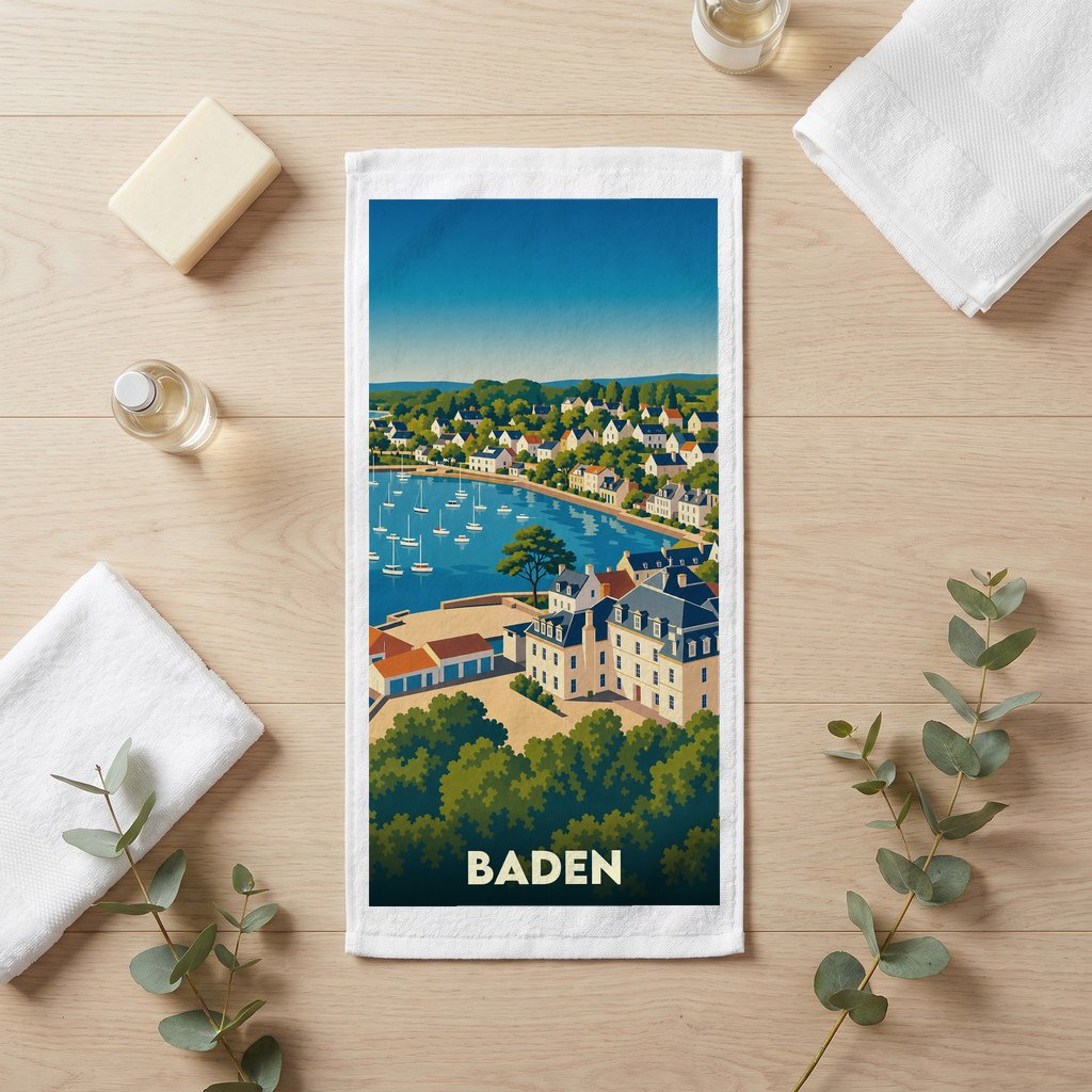 Serviette de bain souvenir de la ville de Baden avec une illustration stylisée de son port et de ses maisons.