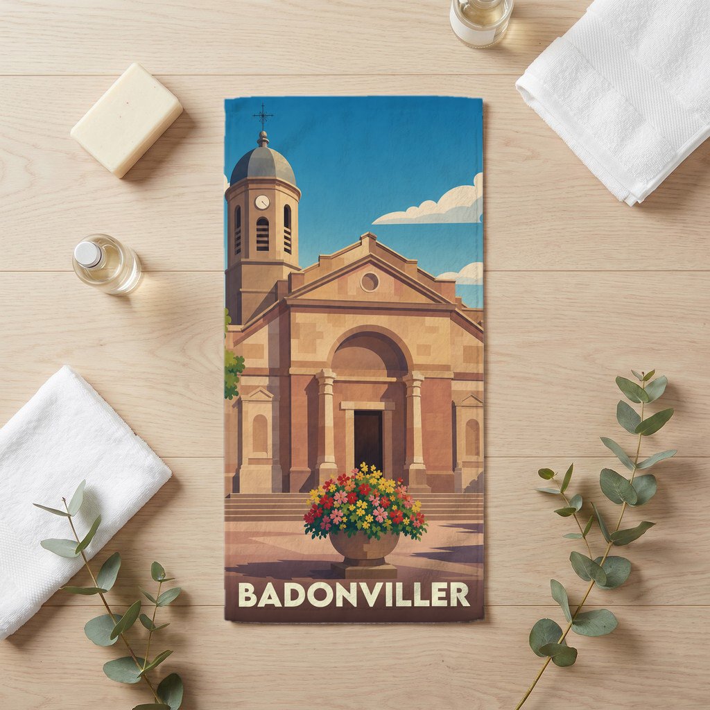 Serviette de bain souvenir de la ville de Badonviller avec une illustration stylisée de son église.