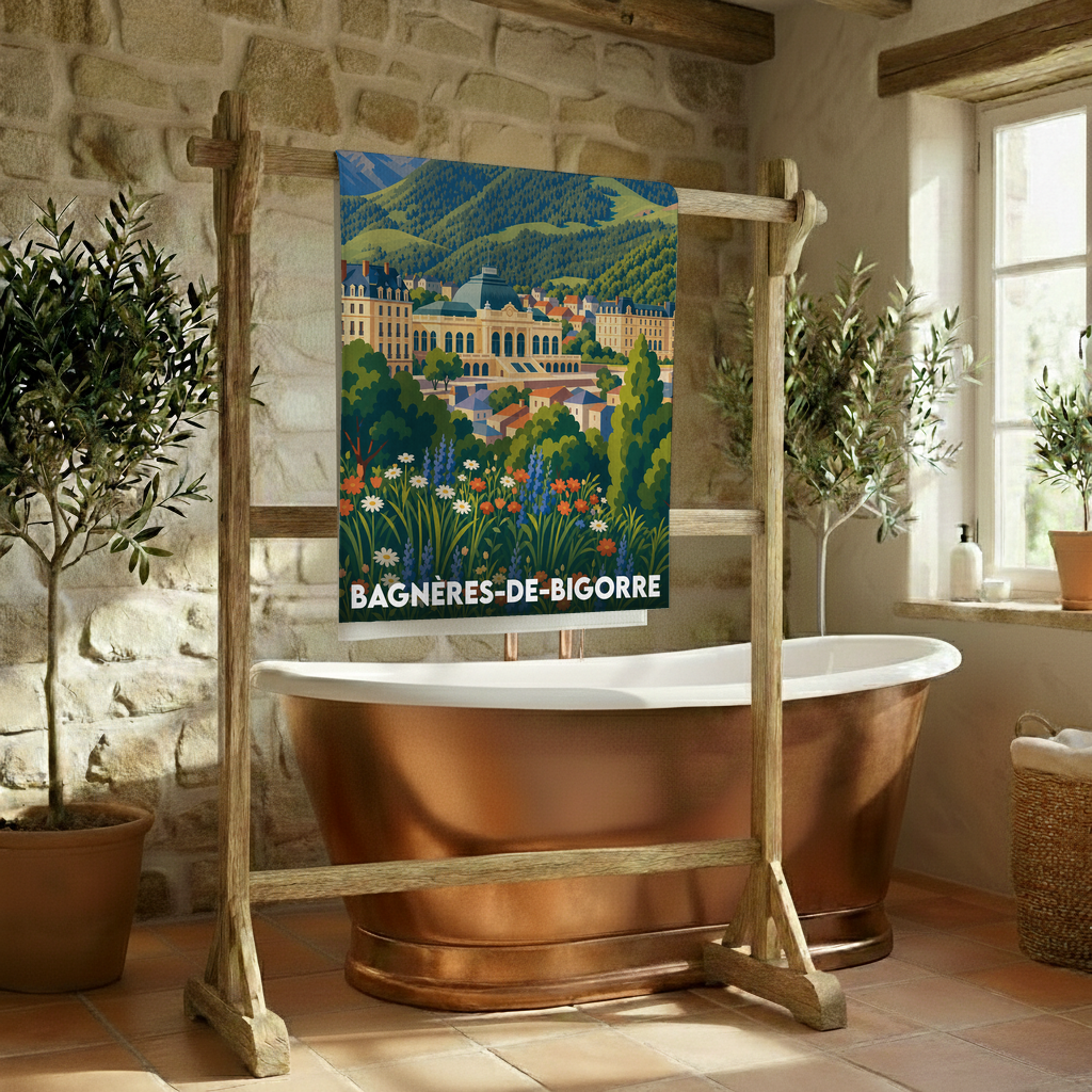 Serviette de bain souvenir de la ville de Bagnères-de-Bigorre avec une illustration stylisée de son architecture et de ses montagnes.