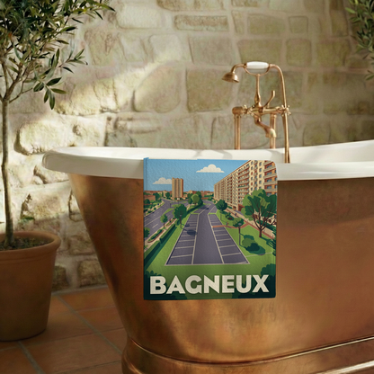 Serviette de bain souvenir de la ville de Bagneux avec une illustration stylisée.