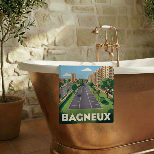 Serviette de bain souvenir de la ville de Bagneux avec une illustration stylisée.