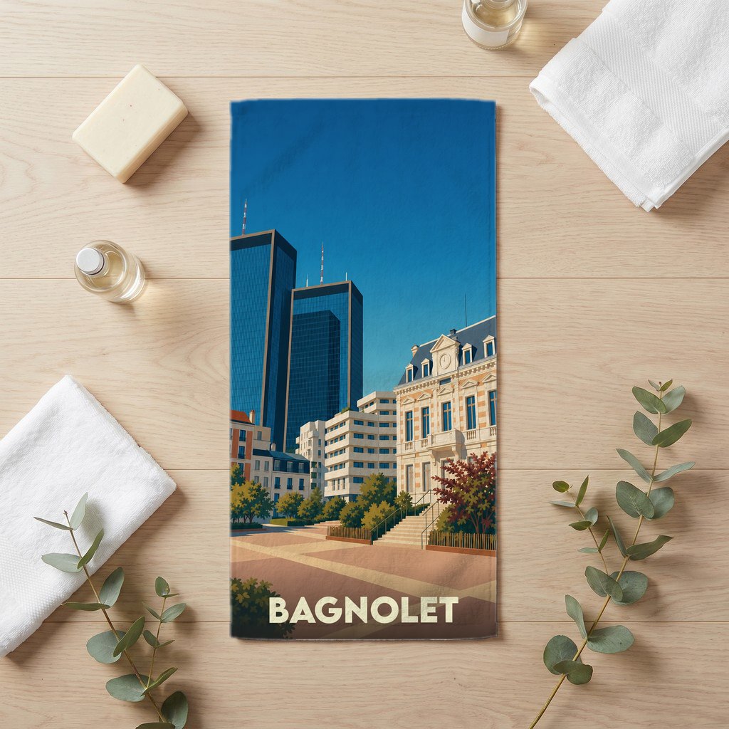 Serviette de bain souvenir de la ville de Bagnolet avec une illustration stylisée.