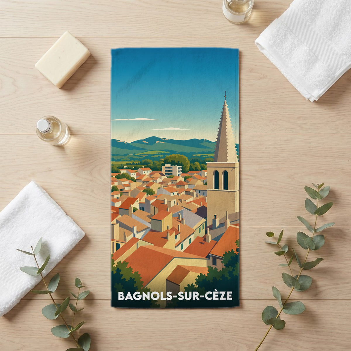 Serviette de bain 30 cm x 60 cm souvenir de Bagnols-sur-Cèze