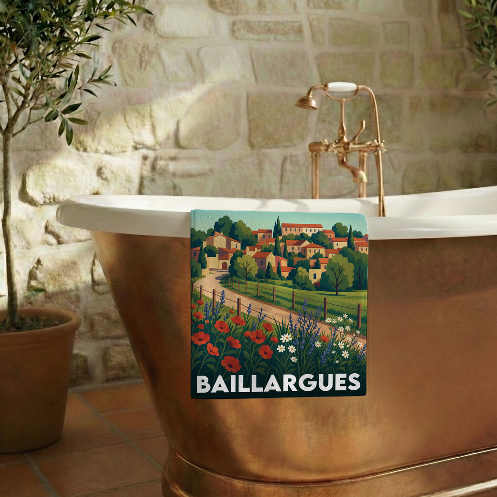 Serviette de bain souvenir de la ville de Baillargues avec une illustration stylisée de paysage provençal.