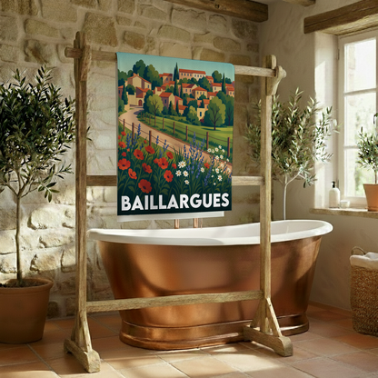Serviette de bain souvenir de la ville de Baillargues avec une illustration stylisée de son paysage.