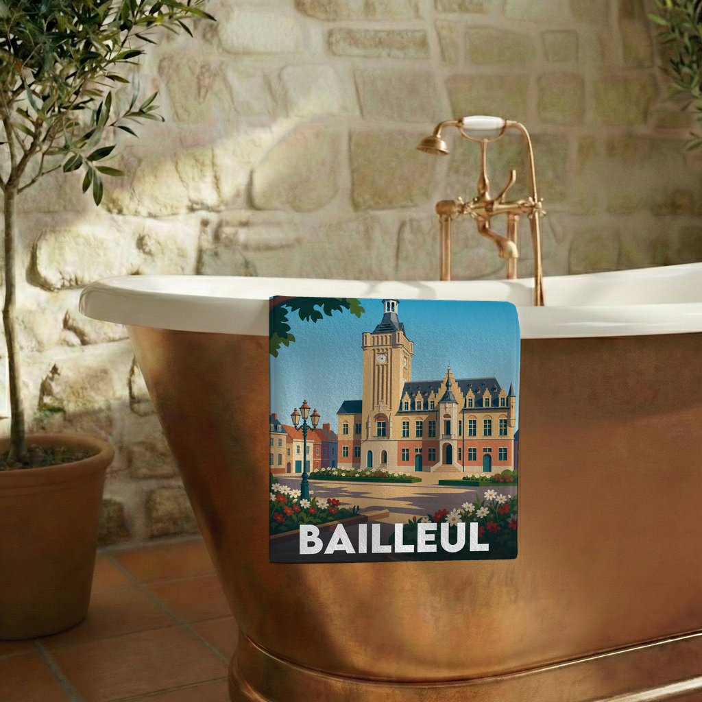 Serviette de bain souvenir de la ville de Bailleul avec une illustration stylisée de son hôtel de ville.