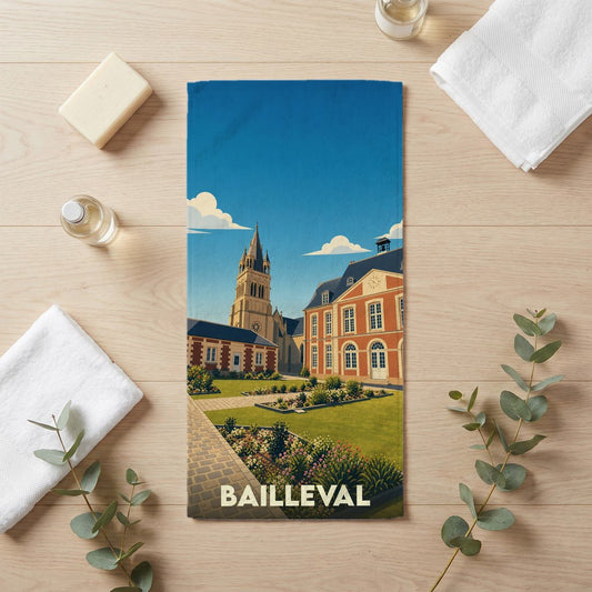 Serviette de bain souvenir de la ville de Bailleval avec une illustration stylisée.