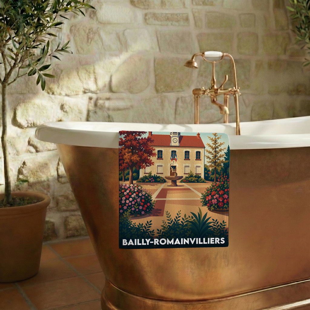 Serviette de bain souvenir de la ville de Bailly-Romainvilliers avec une illustration stylisée.