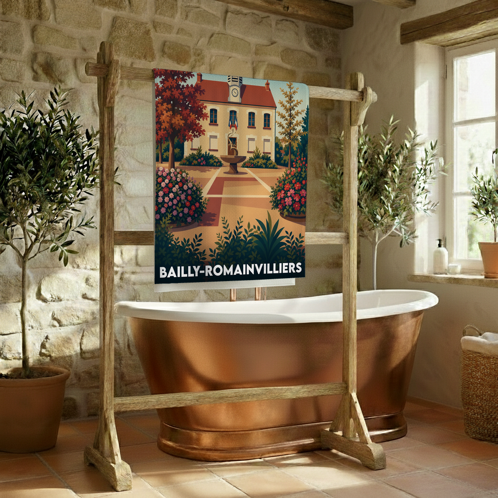 Serviette de bain souvenir de la ville de Bailly-Romainvilliers avec une illustration stylisée de l'hôtel de ville et ses jardins.