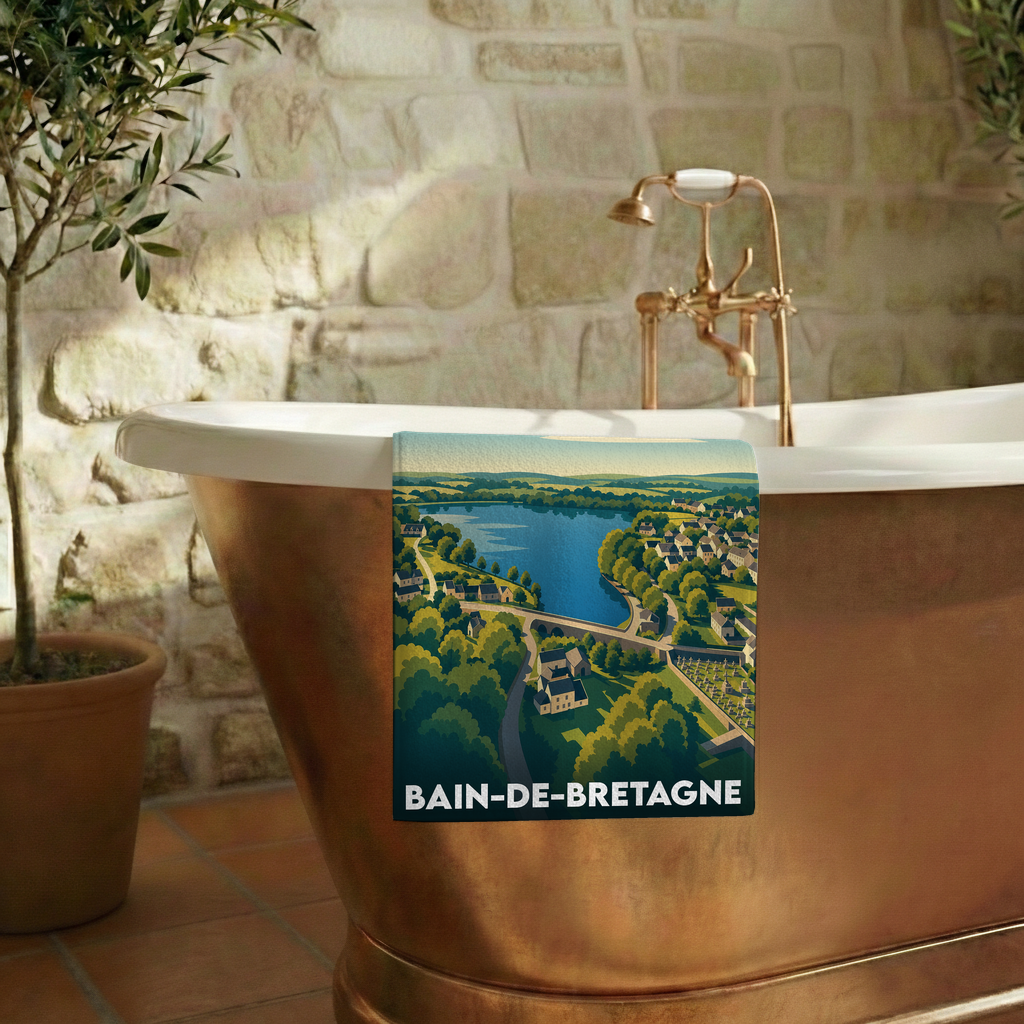 Serviette de bain souvenir de la ville de Bain-de-Bretagne avec une illustration stylisée d'un paysage lacustre.
