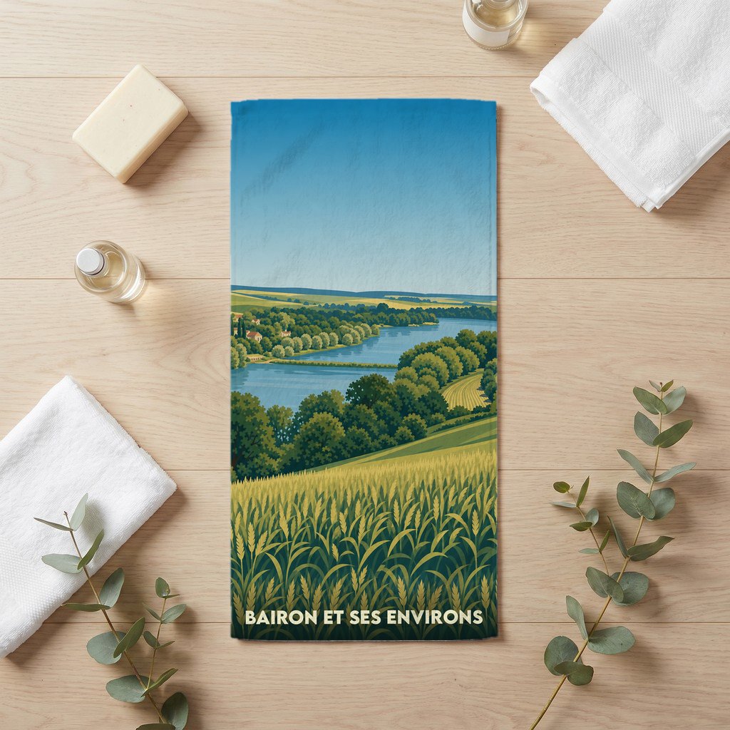 Serviette de bain souvenir de Bairon et ses environs avec une illustration de paysage champêtre.