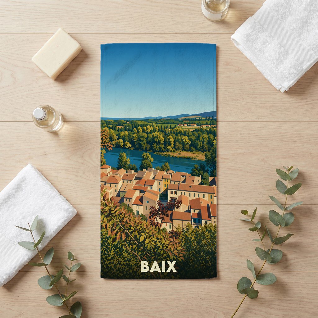 Serviette de bain souvenir de la ville de Baix avec une illustration stylisée de son paysage.