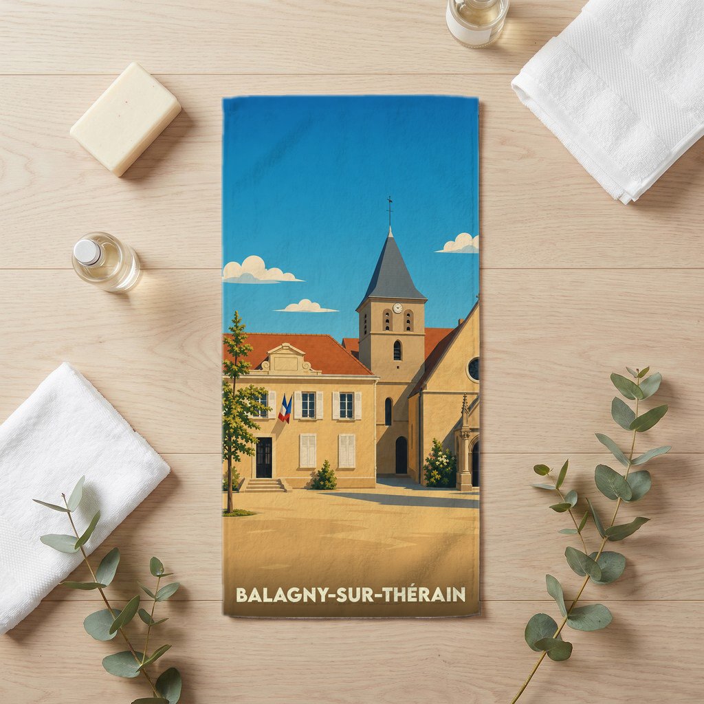 Serviette de bain souvenir de Balagny-sur-Thérain ornée d'une illustration stylisée de la place du village.