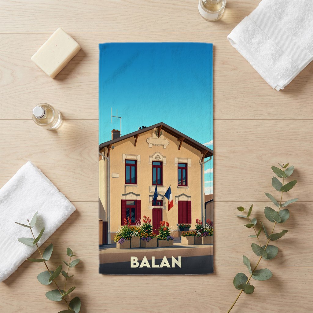 Serviette de bain souvenir de la ville de Balan avec une illustration stylisée.