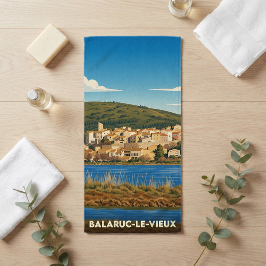 Serviette de bain souvenir de la ville de Balaruc-le-Vieux avec une illustration stylisée.