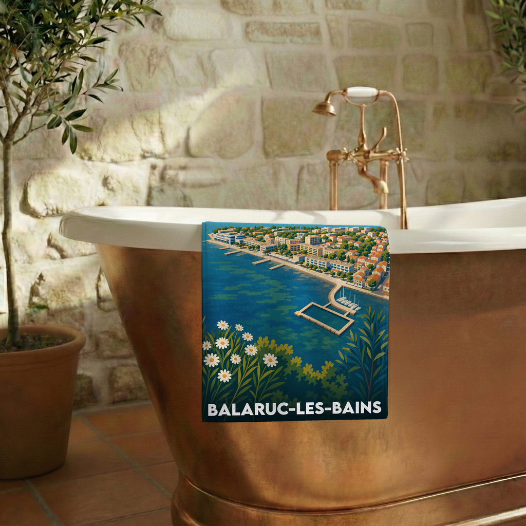 Serviette de bain souvenir de Balaruc-les-Bains avec une illustration stylisée du front de mer.