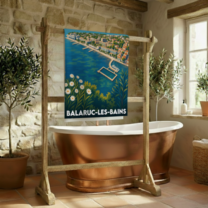 Serviette de bain souvenir de la ville de Balaruc-les-Bains avec une illustration de bord de mer de style vintage.