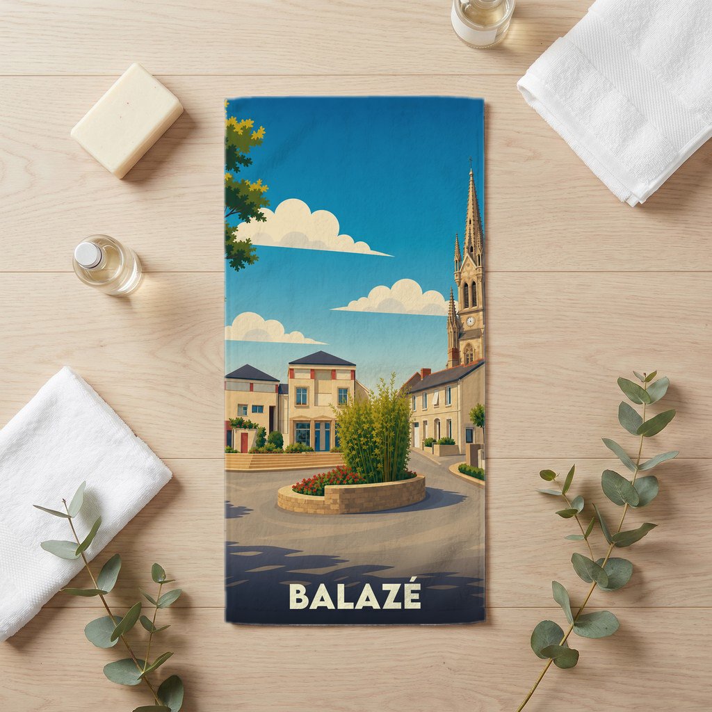 Serviette de bain souvenir de la ville de Balazé avec une illustration stylisée d'une place de village et d'une église.