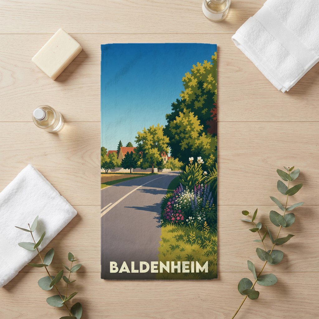 Serviette de bain souvenir de la ville de Baldenheim avec une illustration stylisée de paysage champêtre.