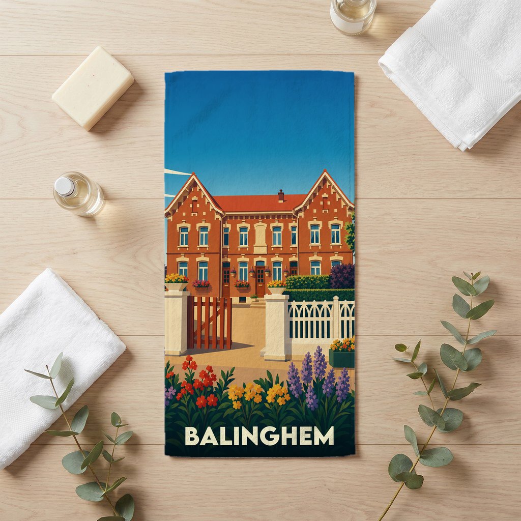 Serviette de bain souvenir de la ville de Balinghem avec une illustration stylisée d'un bâtiment typique en briques.