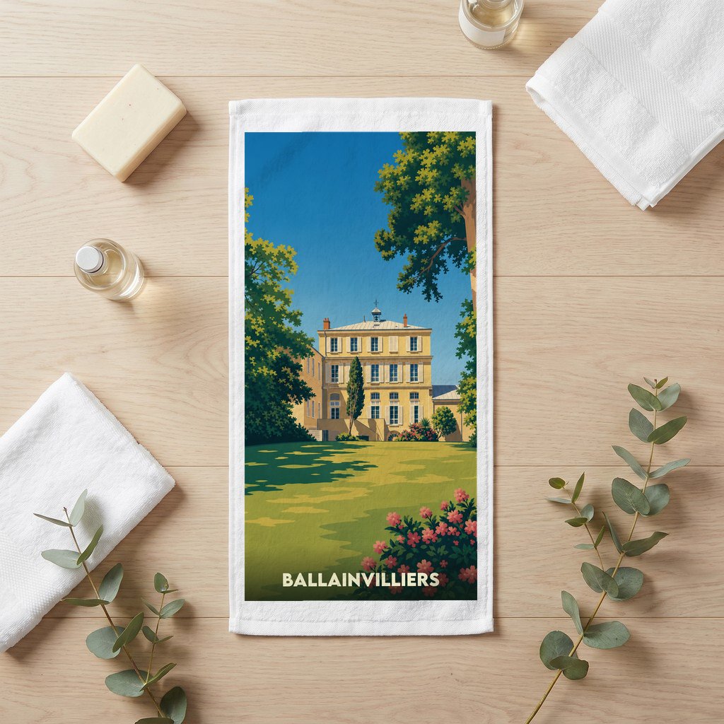 Serviette de bain souvenir de la ville de Ballainvilliers avec une illustration stylisée d'un château.