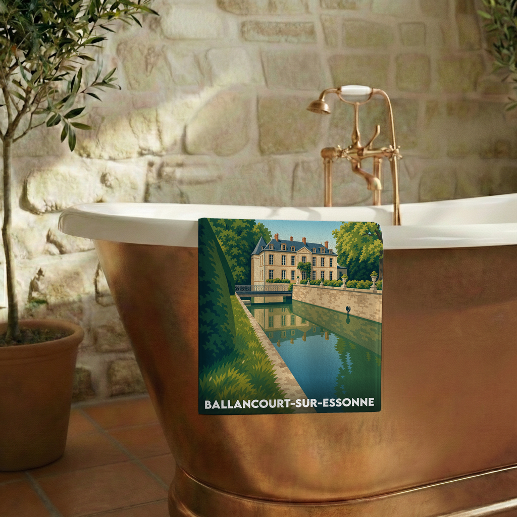 Serviette de bain souvenir de Ballancourt-sur-Essonne avec une illustration stylisée de son château.