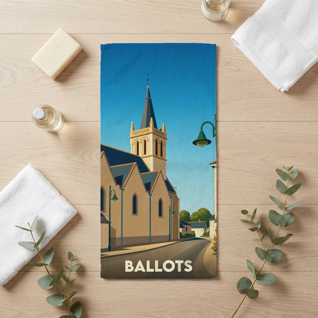 Serviette de bain souvenir de la ville de Ballots avec une illustration stylisée.