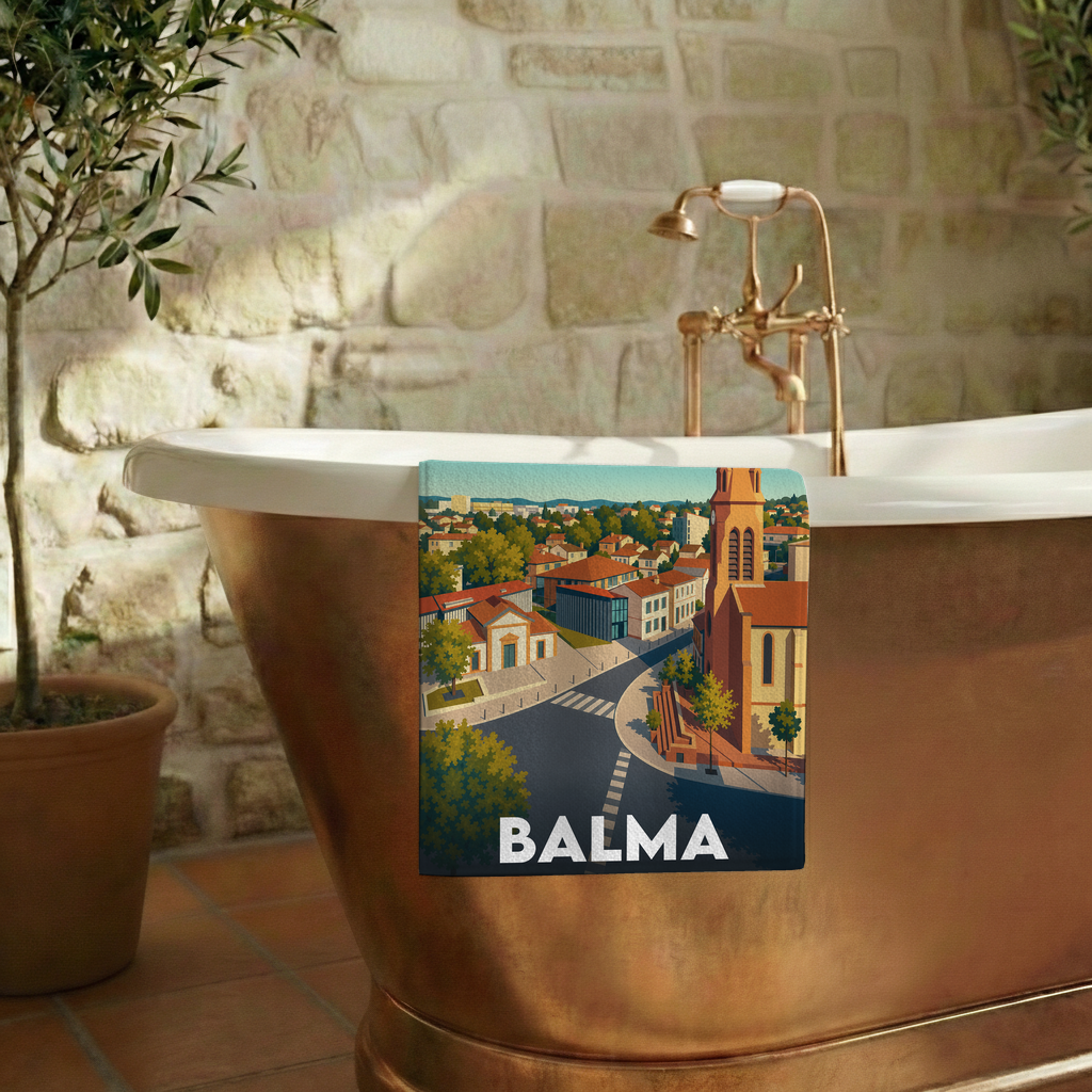Serviette de bain souvenir de la ville de Balma avec une illustration stylisée.