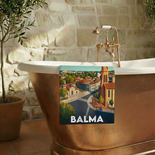 Serviette de bain souvenir de la ville de Balma avec une illustration stylisée.