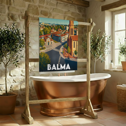Serviette de bain souvenir de la ville de Balma avec une illustration stylisée.