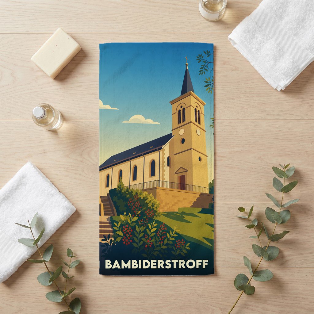 Serviette de bain souvenir de la ville de Bambiderstroff avec une illustration stylisée de son église.