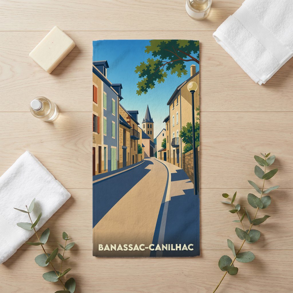 Serviette de bain souvenir de la ville de Banassac-Canilhac avec une illustration stylisée de ses rues.