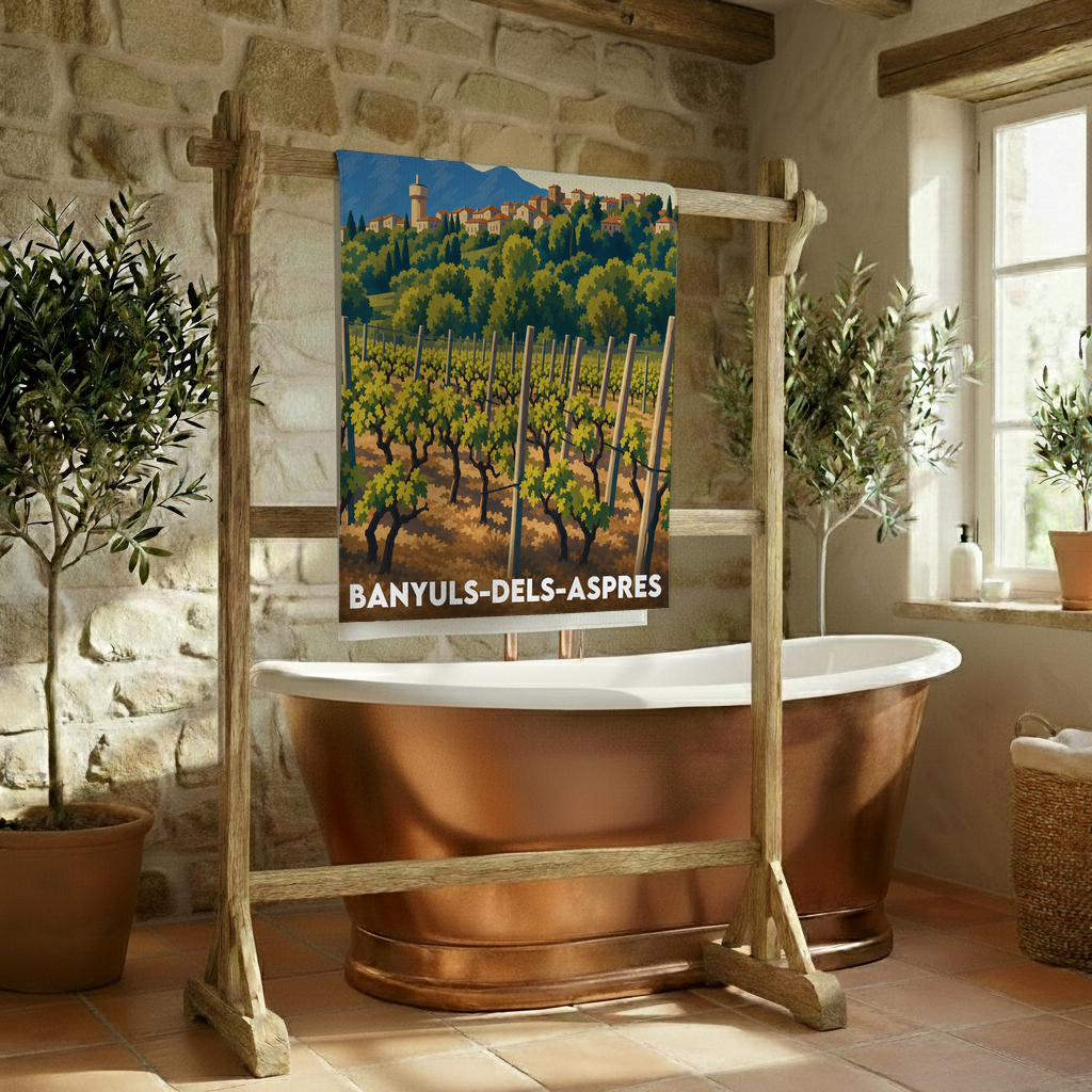 Serviette de bain souvenir de la ville de Banyuls-dels-Aspres avec une illustration stylisée de paysages de vignobles.