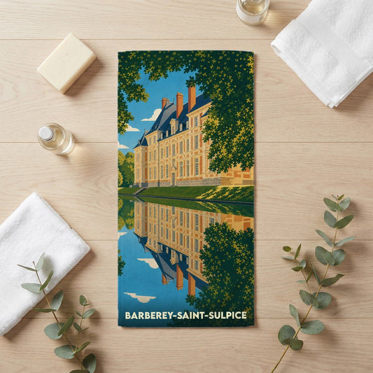 Serviette de bain souvenir de Barberey-Saint-Sulpice illustrée d'un château se reflétant dans l'eau.