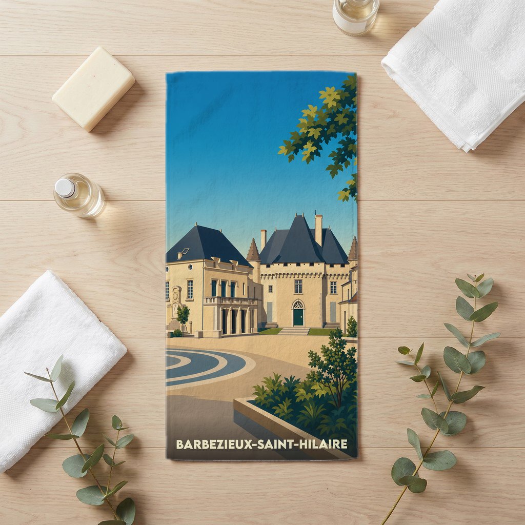 Serviette de bain souvenir de la ville de Barbezieux-Saint-Hilaire avec une illustration stylisée de son château.