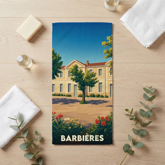 Serviette de bain souvenir de la ville de Barbières avec une illustration stylisée.