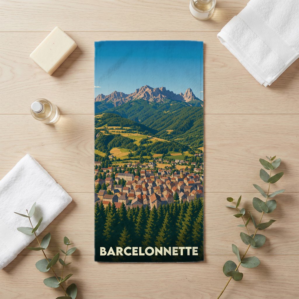 Serviette de bain souvenir de la ville de Barcelonnette avec une illustration de paysage montagneux.