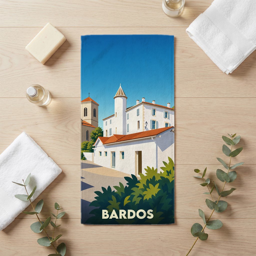 Serviette de bain souvenir de la ville de Bardos illustrée d'un paysage urbain stylisé.