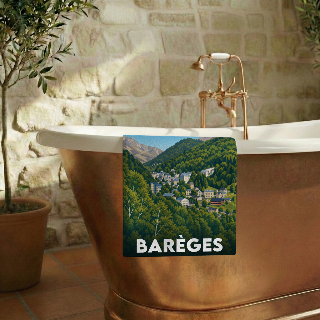 Serviette de bain souvenir de la ville de Barèges avec une illustration stylisée.