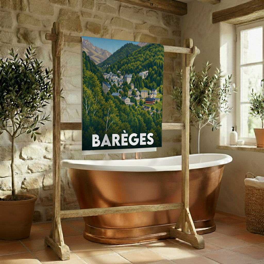 Serviette de bain souvenir de la ville de Barèges avec une illustration de paysage stylisé.