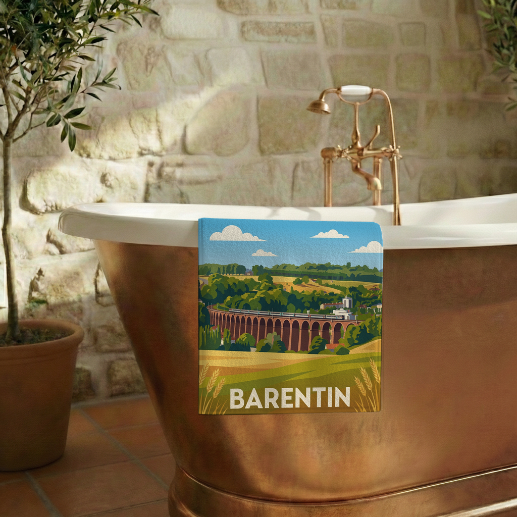 Serviette de bain souvenir de la ville de Barentin avec une illustration stylisée.