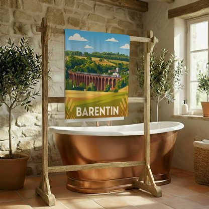 Serviette de bain souvenir de la ville de Barentin avec une illustration stylisée.